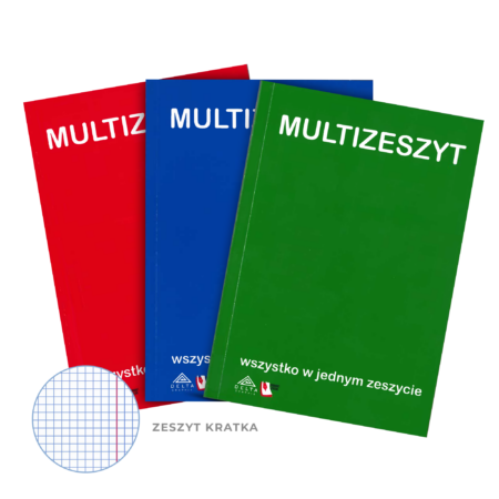 Multizeszyty w kolorze zielonym, niebieskim i czerwonym.