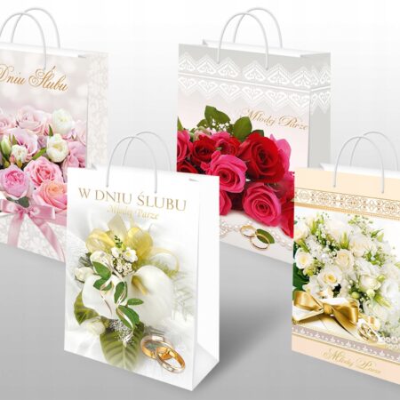 Torebki ozdobne prezentowe ślubne z motywem kwiatowym.