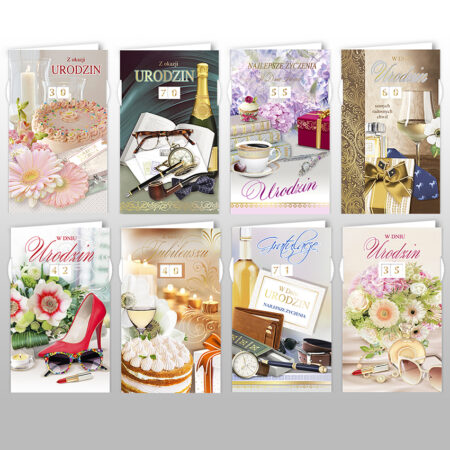 Kartki urodzinowe w kobiecych jak i męskich motywach.