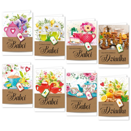 Kartki na dzień babci i dziadka z kolorowym motywem kwiatowym.
