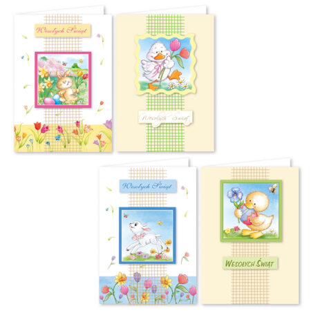 Zdjęcie Przedstawia 4 wzory karnetów Wielkanocnych z napisami wesołych świąt oraz ozdobną siateczką. Wzory z kaczką, barankiem, zajączkiem