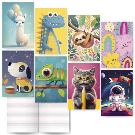 Zdjęcie przedstawia zestaw kolorowych zeszytów w linię z uroczymi okładkami. Motywy obejmują: kameleona na gałęzi, lamę z balonami, pastelowe tęcze i chmurki, uśmiechniętego kota w okularach trzymającego ołówek, astronautę z flagą na tle kosmosu, uśmiechniętego dinozaura, leniwca zwisającego z gałęzi oraz pieska na fioletowym tle z gwiazdkami i miską.