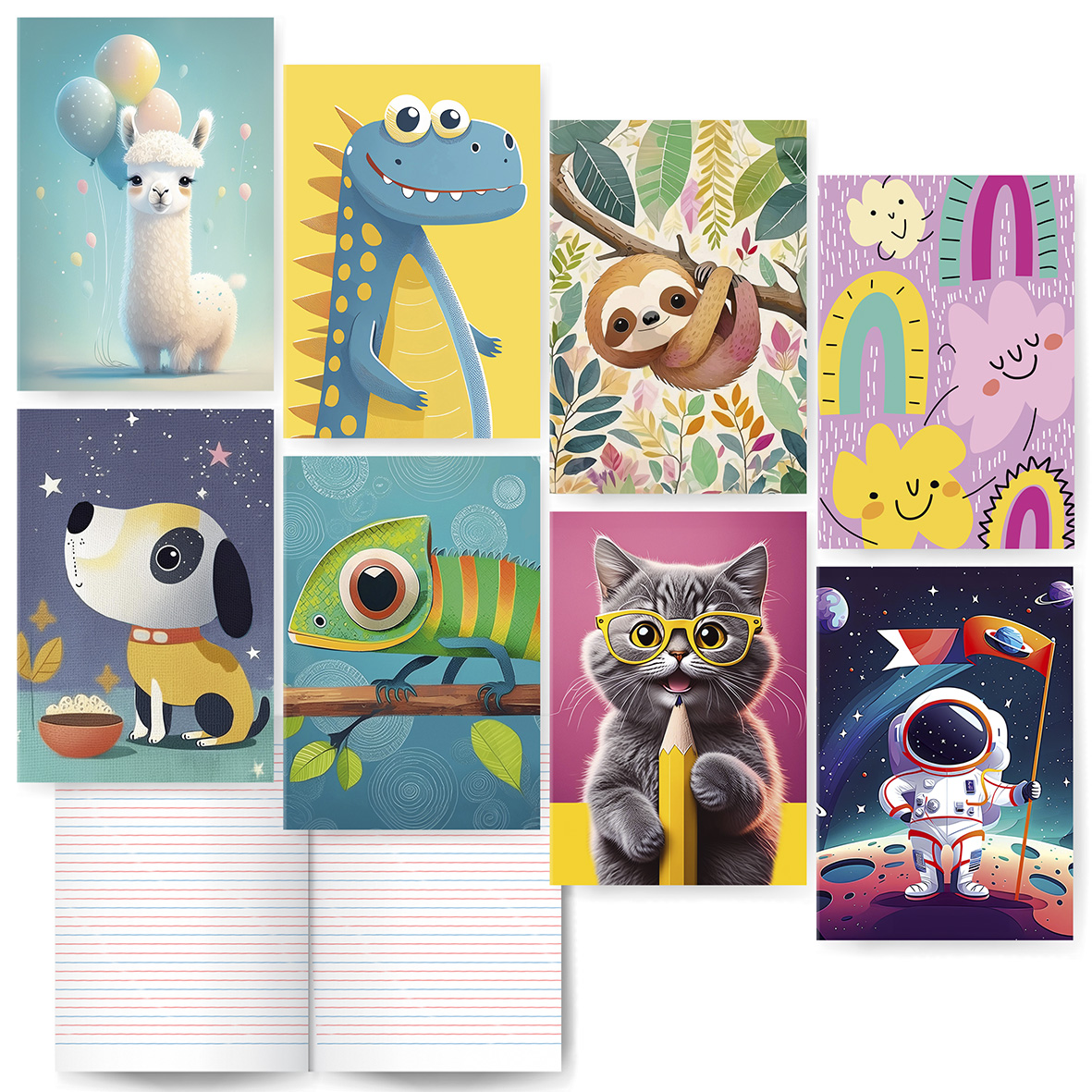 Zdjęcie przedstawia zestaw kolorowych zeszytów w linię z uroczymi okładkami. Motywy obejmują: kameleona na gałęzi, lamę z balonami, pastelowe tęcze i chmurki, uśmiechniętego kota w okularach trzymającego ołówek, astronautę z flagą na tle kosmosu, uśmiechniętego dinozaura, leniwca zwisającego z gałęzi oraz pieska na fioletowym tle z gwiazdkami i miską.