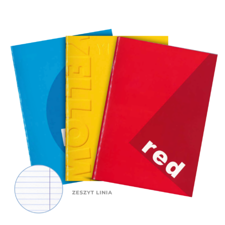 Zeszyty z kolorowymi okładkami i podpisami (czerwona, żółta, niebieska).