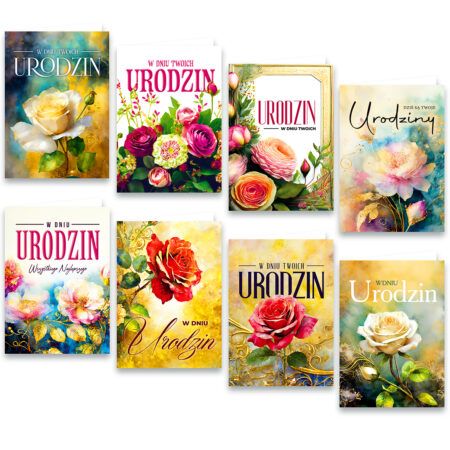 Kartki urodzinowe z motywem kwiatowym.
