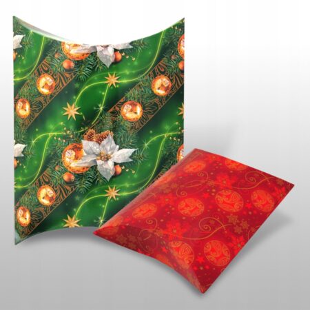 Pudełka ozdobne bożonarodzeniowe w kształcie spłaszczonej tuby z ozdobnego kartonu, duże w kolorze zielonym w ozdoby świąteczne, małe w kolorze czerwonym w drobne zdobienia.