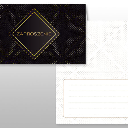 Czarne zaproszenie ze złotymi elementami.