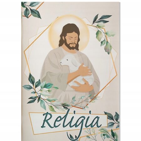Okładka zeszytu do religii z wizerunkiem Pana Jezusa z barankiem.