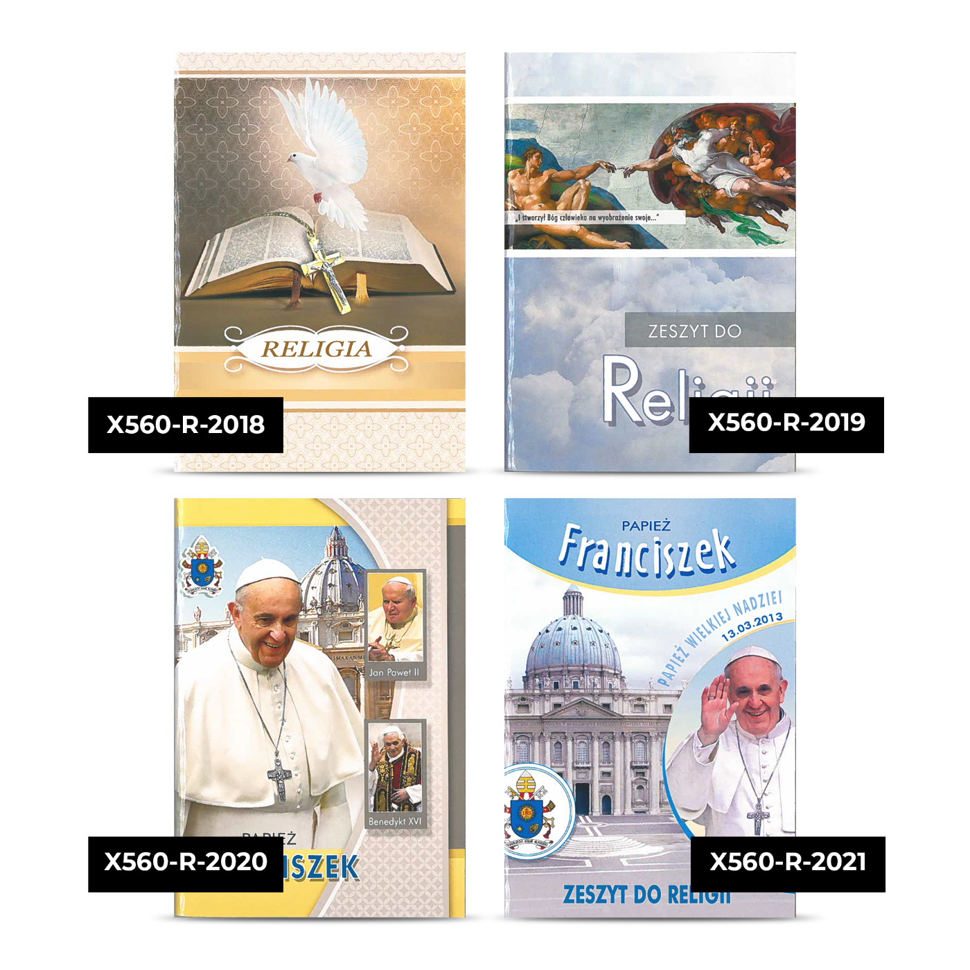 Zeszyty do religii z okładkami z Papieżem Franciszkiem.