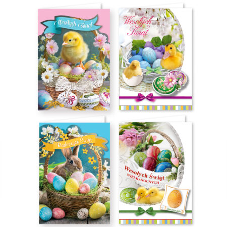 Karnet Wielkanocny Świecki z motywem kurczaków i króliczków format B6.
