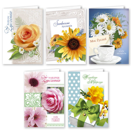 Kartki z motywem kwiatowym i napisem "serdeczne życzenia".