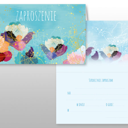 Błękitne zaproszenie z elementami kwiatowymi i złotymi zdobieniami.