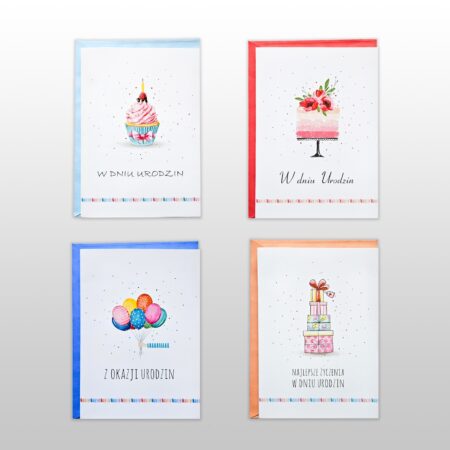Kartki urodzinowe z różnymi wzorami np. tort, balony czy prezenty.