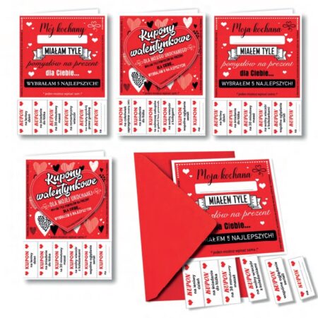 Kartki ozdobne walentynkowe kupony, różne warianty.