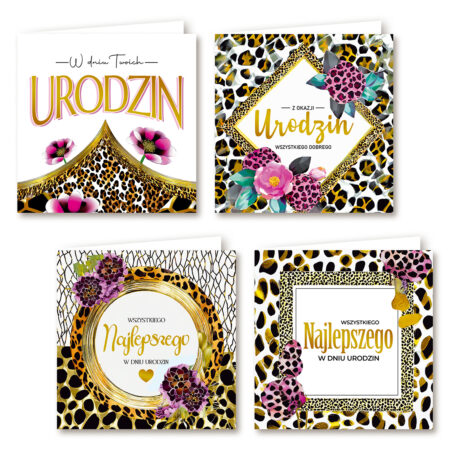 Kartki urodzinowe z motywem zwierzęcym (panterka) ze złotymi elementami.