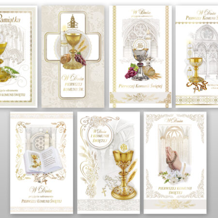 Mix siedmiu kartek z napisem Pamiątka Pierwszej Komunii Świętej z motywami religijnymi