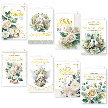 Kartki ozdobne z okazji Ślubu białe z motywem białych kwiatów, gołębi i obrączek ze złotym napisem: "W Dniu Ślubu".