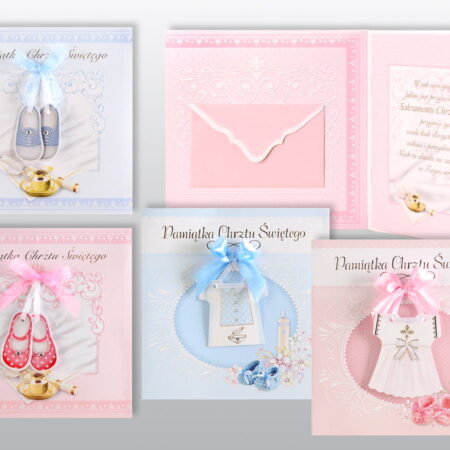 Kartki pamiątkowe z okazji Chrztu Świętego w kolorach różowym i niebieskim.