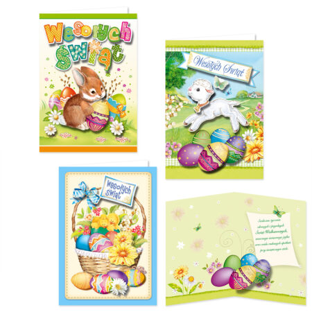 Karnet Wielkanocny Świecki z motywem kurczaków, baranków i króliczków.