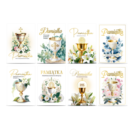 Mix ośmiu kartek z napisem Pamiątka Pierwszej Komunii Świętej z motywem kielicha i kaiwtków
