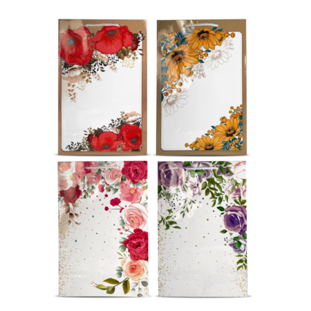 Torebki ozdobne białe z motywem kwiatowym (maki, słoneczniki, goździki, róże).