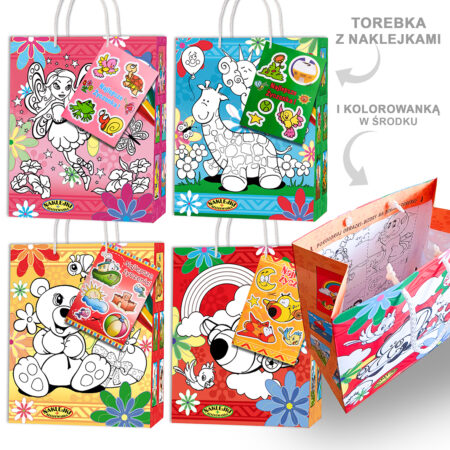 Torebki ozdobne dziecięce z naklejkami i kolorowanką w środku.
