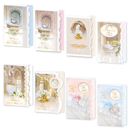 Kartki pamiątkowe z okazji Chrztu Świętego z elementami w kolorach niebieskim, różowym i beżowym.