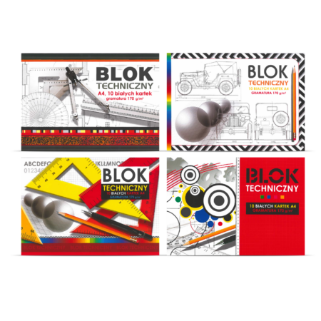 Blok techniczny, 10 białych kartek w formacie A4 o gramaturze 170g/m2.