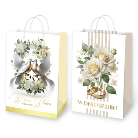 Torebki prezentowe z okazji Ślubu z motywem kwiatów, gołębi i obrączek.