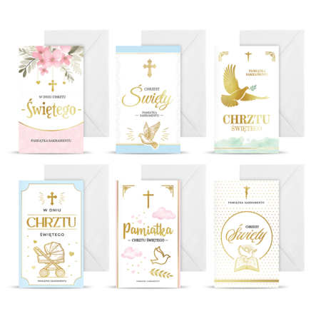 Kartki pamiątkowe z okazji przyjęcia Chrztu Świętego w pastelowych kolorach (róż, błękit, zieleń) ze złotymi elementami.