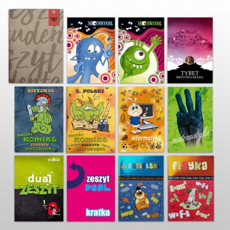 Zestaw zeszytów z różnymi motywami.