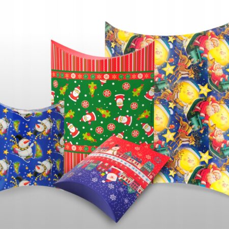 Pudełko Świąteczne Prezentowe 4 sztuki duże w kolorze granatowym w Mikołaje, średnie zielone w Mikołaje, dwa małe w kolorze czerwono-granatowym i granatowym w bałwany.