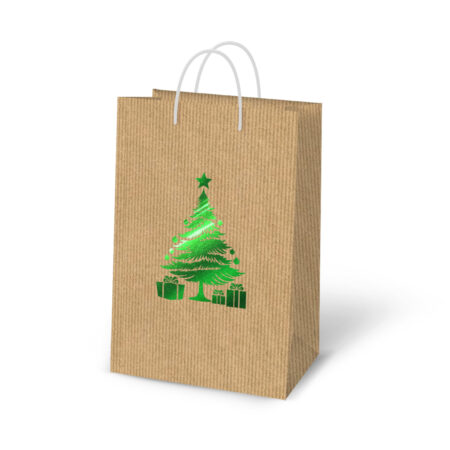 Torebka ozdobna świąteczna w kolorze brązowym z zieloną błyszczącą choinką.