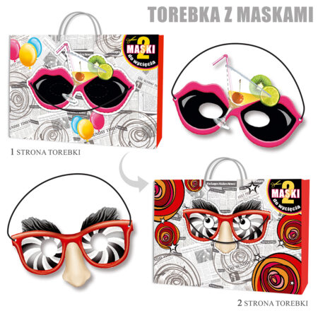 Torebka ozdobna z dwoma maskami do wycięcia.