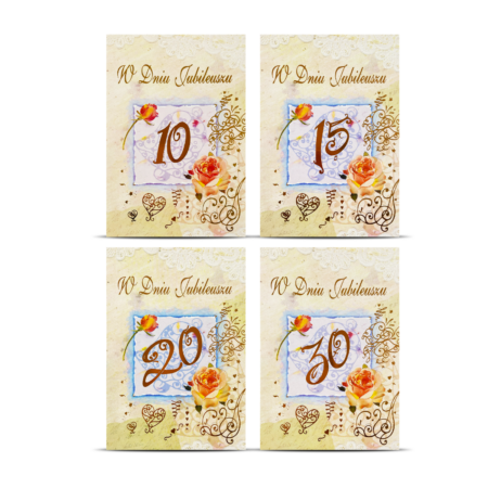 Kartki ozdobne w dniu jubileuszu: dziesiątego, piętnastego, dwudziestego oraz trzydziestego.