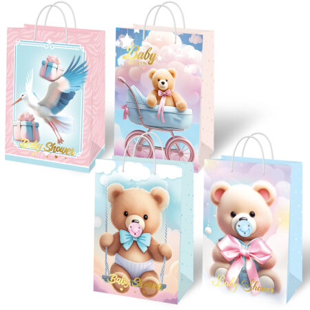 Torebki ozdobne prezentowe z okazji Baby Shower w pastelowych odcieniach błękitu i różu.