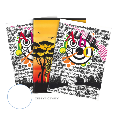 Zeszyt z żyrafą i napisem "Africa" oraz zeszyt czarno-białymi literami.