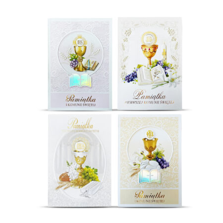 Mix czterech kartek z napisem Pamiątka Pierwszej Komunii Świętej z motywami religijnymi