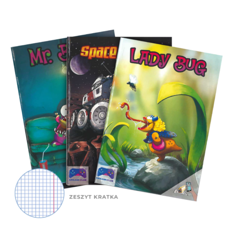 Zeszyty z kratkę z serii humorystyczno-fantastycznej. Okładki przedstawiają kreskówkowe ilustracje: postać owada „Lady Bug” polującą na muchę, zabawnego potworka „Mr. Burp” siedzącego na kanapie z przekąskami, futurystyczny pojazd kosmiczny „Space Patrol”. Na dole widać też przykład działania aplikacji rozszerzonej rzeczywistości – postać Lady Bug „wyskakuje” z okładki na ekranie telefonu jako trójwymiarowa figurka.