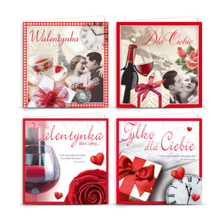 Kartki ozdobne walentynkowe kwadratowe w różnych wariantach.