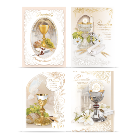 Mix czterech kartek z napisem Pamiątka Pierwszej Komunii Świętej z motywami religijnymi