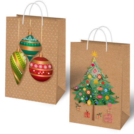 Torebki ozdobne świąteczne w kolorze brązowym z bombkami i choinką.