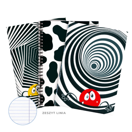 Zdjęcie przedstawia różne wzory okładek z iluzjami optycznymi.