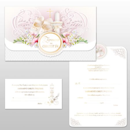 Zaproszenie na Chrzest Święty z różowymi elementami.