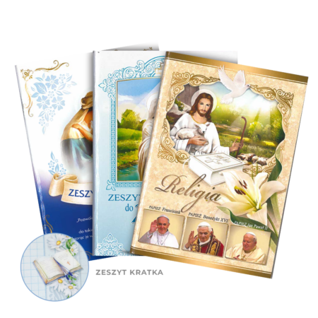 Zeszyty do religii z różnymi motywami.