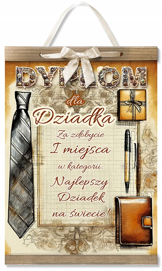 Dyplom z napisem Dla Dziadka w formacie A4 kolorowy, z motywami krawatu, pióra, portfela zakończony tekturkami, przewiązany ozdobną wstążką, można powiesić na ścianie