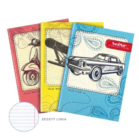 Zeszyty z retro kolekcji z samolotem, skuterem i autem na kolorowych tłach.