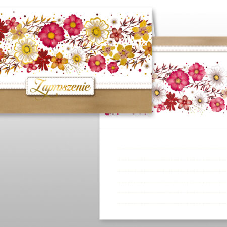 Biało-brązowe zaproszenie z elementami kwiatowymi i złotymi zdobieniami.