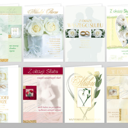 Kartki ozdobne dla Młodej Pary z okazji Ślubu w różnych wariantach.