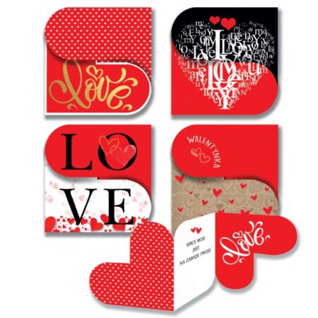 zestaw 4 karnetów na walentynki, na dole widoczny 5 karnet w pełni rozłożony w kształcie dwóch serc
